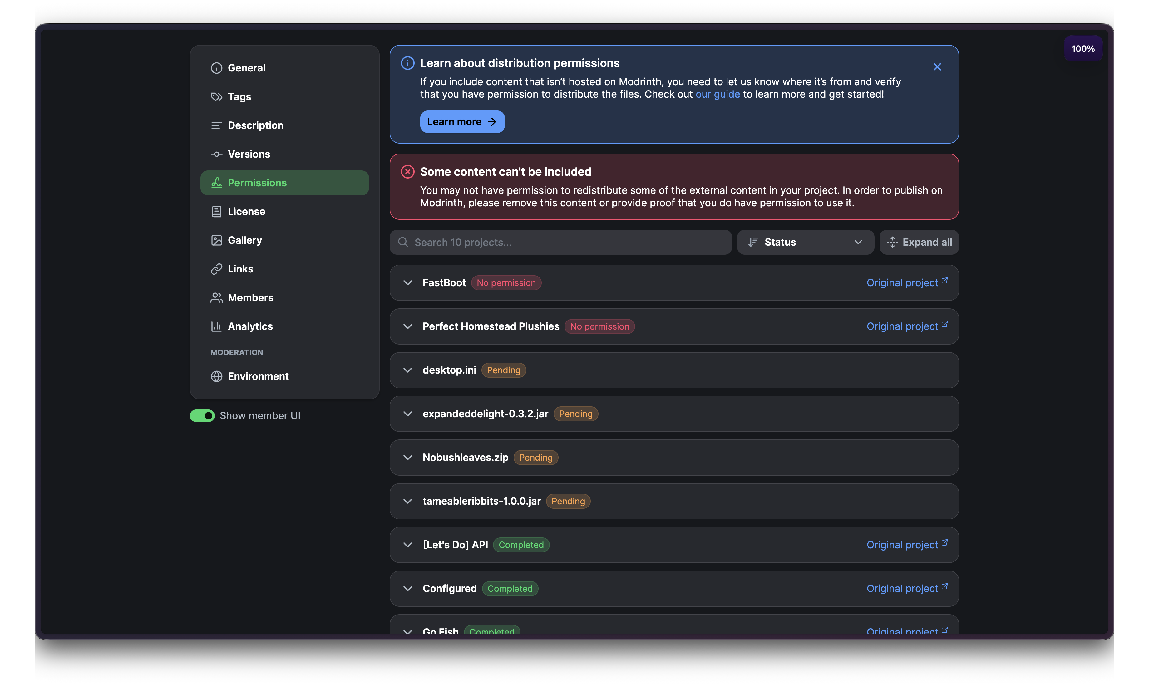 The Permissions page showing external content grouped by permission status.